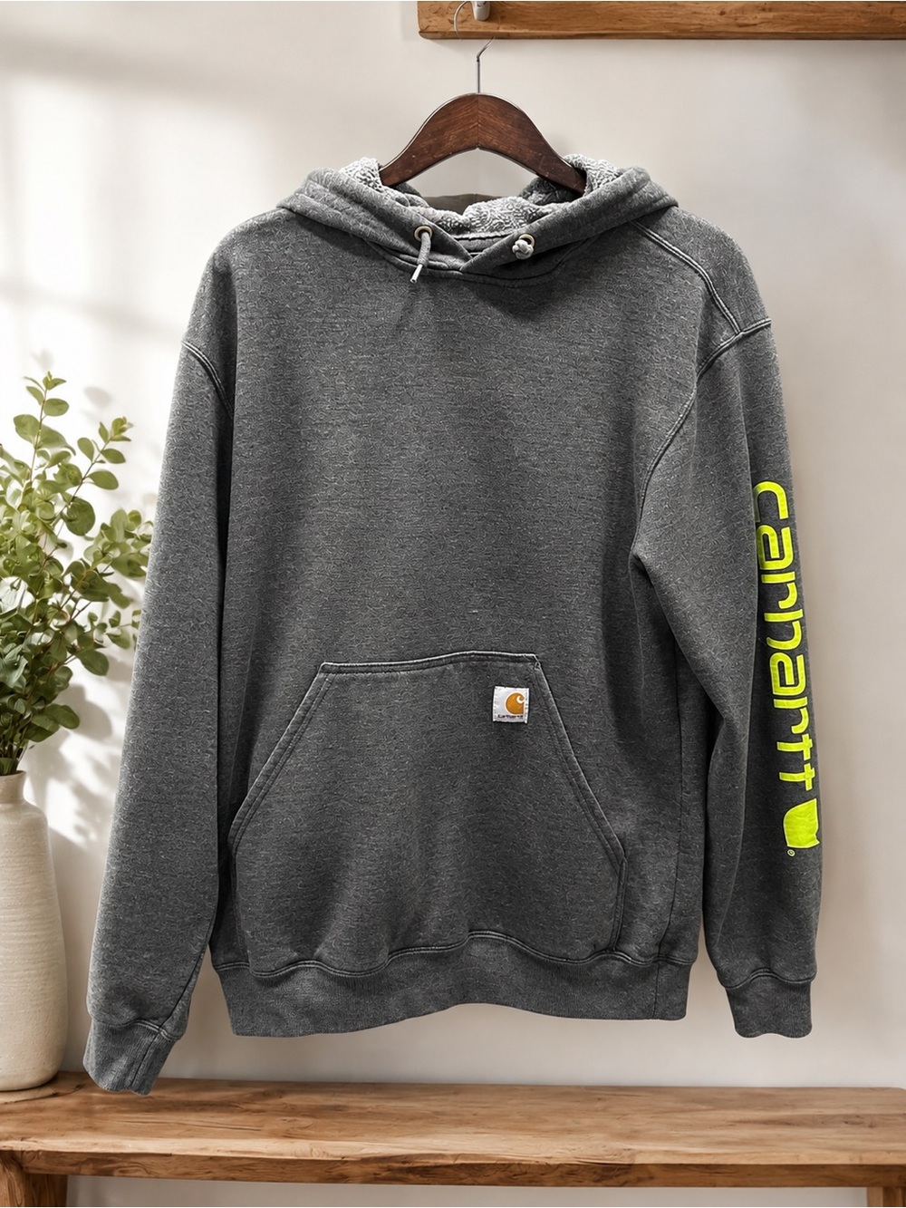 Carhartt Charcoal Hooded Sweatshirt with Neon Yellow Sleeve Logo